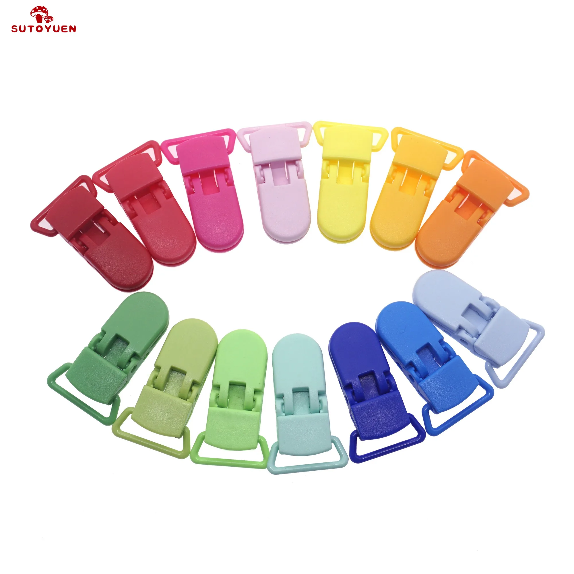 

Sutoyuen 800pcs Mix 15 Colors 20mm D Shape Kam Plastic Dummy Pacifier Clip Suspender Clip Soother Clip alligator/Bib Clip Holder