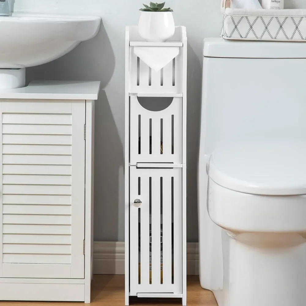 Narrow Storage Shelf Bathroom Toilet Paper Holder Stand Free-Standing Roll Holder 3 Tier Floor Cabinet With Door Storage Cabinet