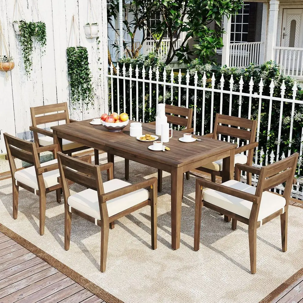 

Acacia Wood Outdoor Dining Set with 70.9 Table and 6 Cushioned Chairs for Patio, Balcony, or Backyard