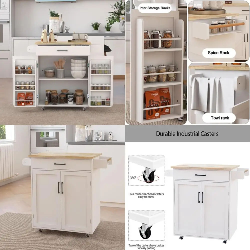 

Rolling Kitchen Island Trolley with Drawer, Doors, Storage Racks, Adjustable Shelves, Towel and Seasoning Racks for Efficient Or