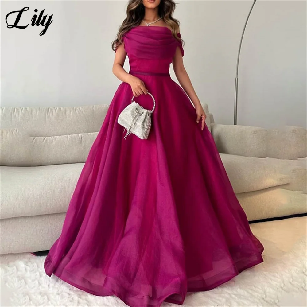 

Lily Fuchsia A Line Special Occasion Dresses Off the Shoulder Formal Gown Pleat Tulle Long Evening Dresses vestidos de fiesta