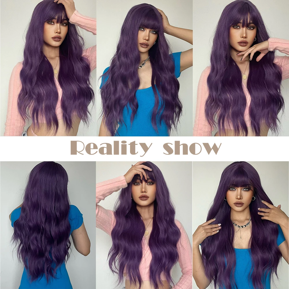 ELEMENT Long Wavy Synthetic Wig with Bangs Dark Puce Purple Body Curly Hair Wigs for Women Daily Party Cosplay Heat Resistant