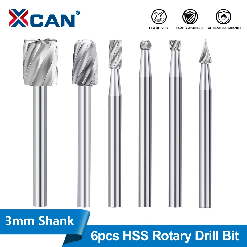 XCAN 6-teiliges HSS-Rotationsfeilen-Set, 3 mm Schaft, Schleifer, Bohrer, rotierende Grate, Schneidbohrer für Holz, Metall, Kunststoff