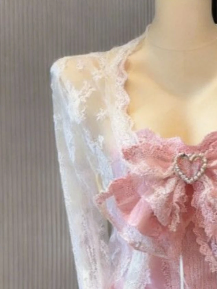 Japanese 3 Piece Sets Y2k Aesthetic Lace See Through Blouse + Sweet Bow Vest + Contrast Color Patchwork Skirts ​women Outfits
