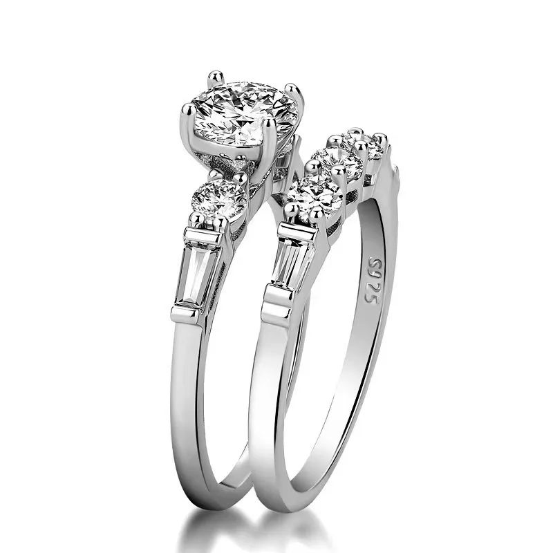Juego de Anillos de Boda de Plata de Ley S925 con Circonitas Cúbicas - Anillo de Compromiso y Matrimonio de 2 Piezas con Piedras de Corte Redondo y Baguette, Hipoalergénico