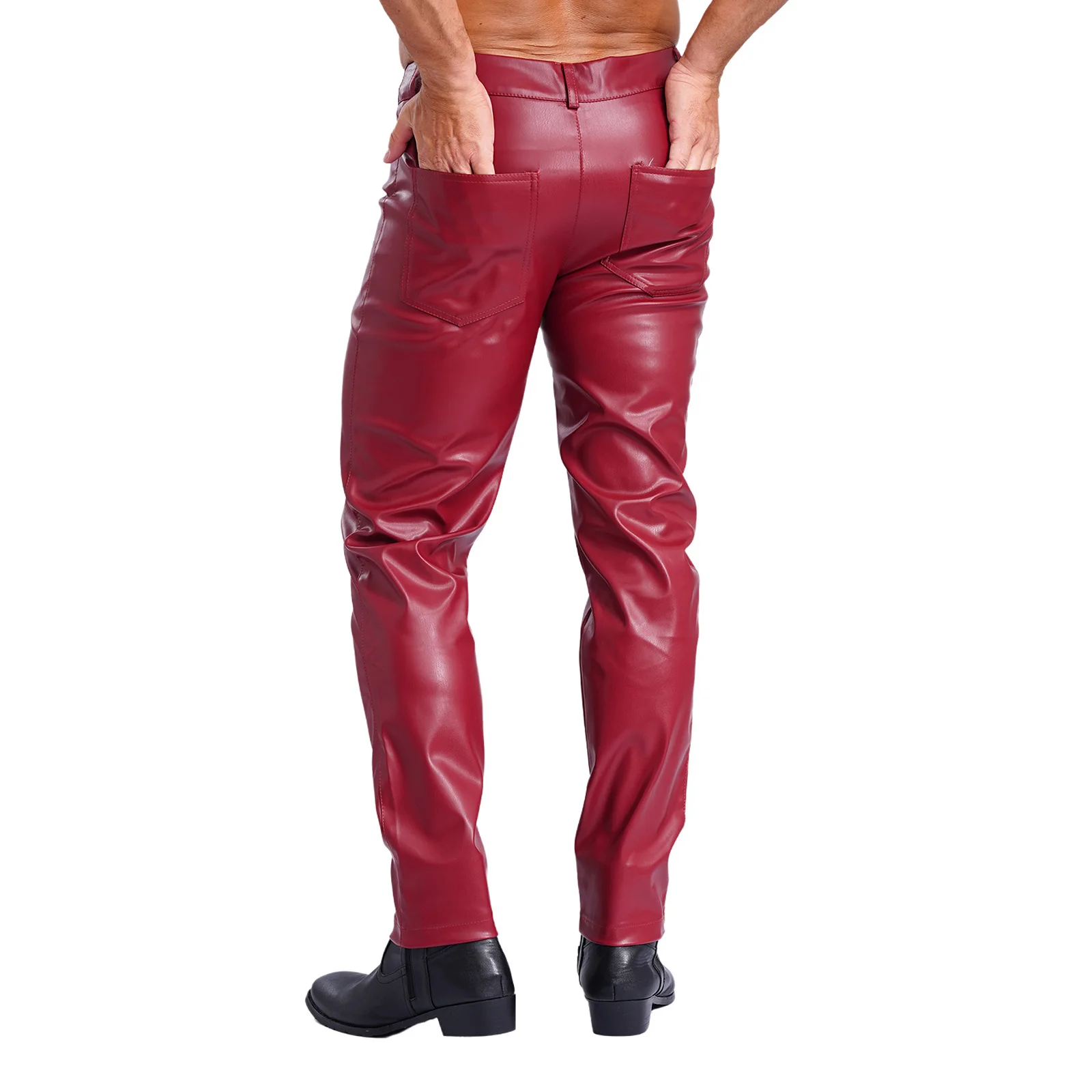 Mens Faux Leather Pants Flat Front Casual Straight Leg Trousers Motorcycle Biker Skinny Pants Rock Music Party Trousers Clubwear