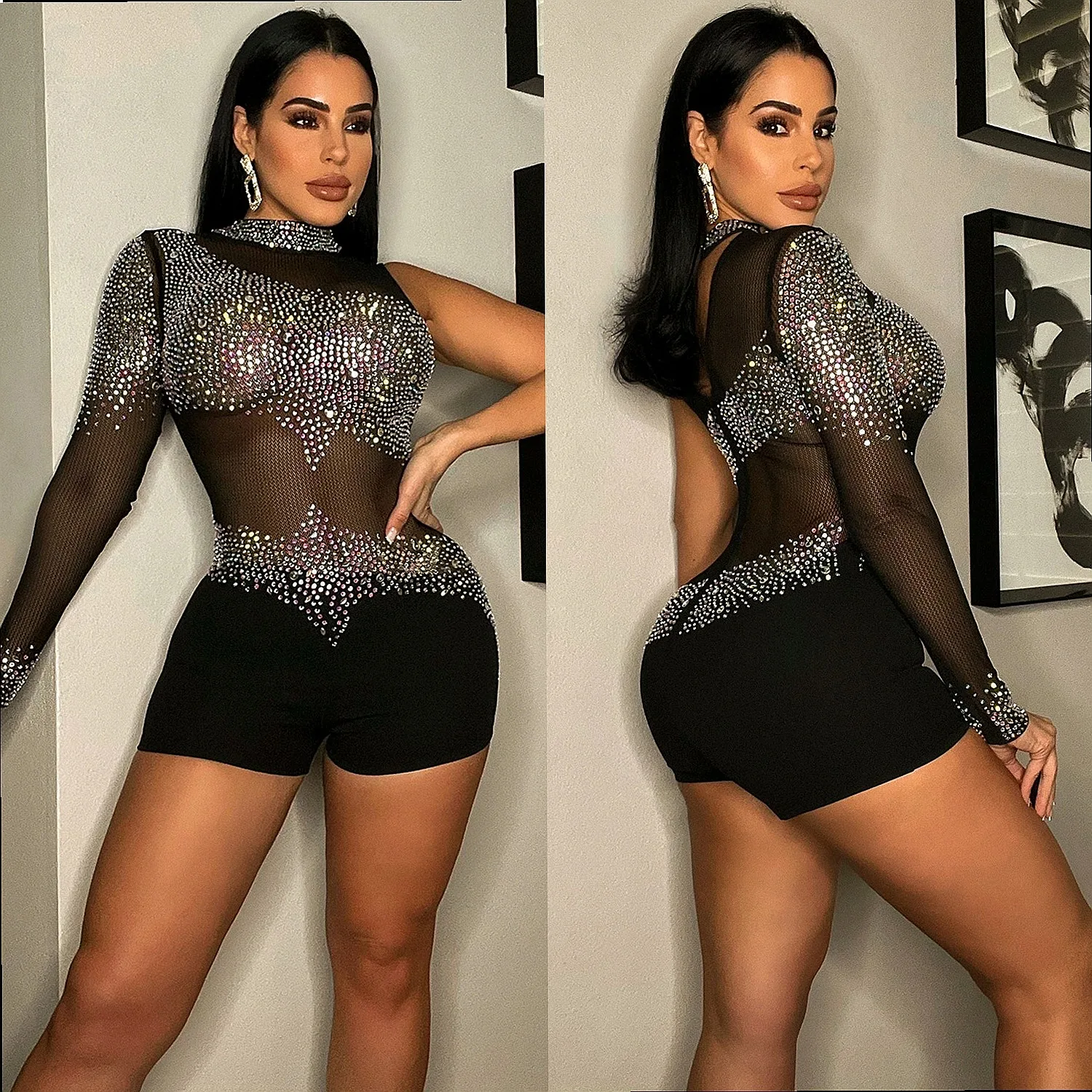 Sexy Sheer Mesh One Shoulder Jumpsuit Women Clubwear Bodycon Romper Playsuit