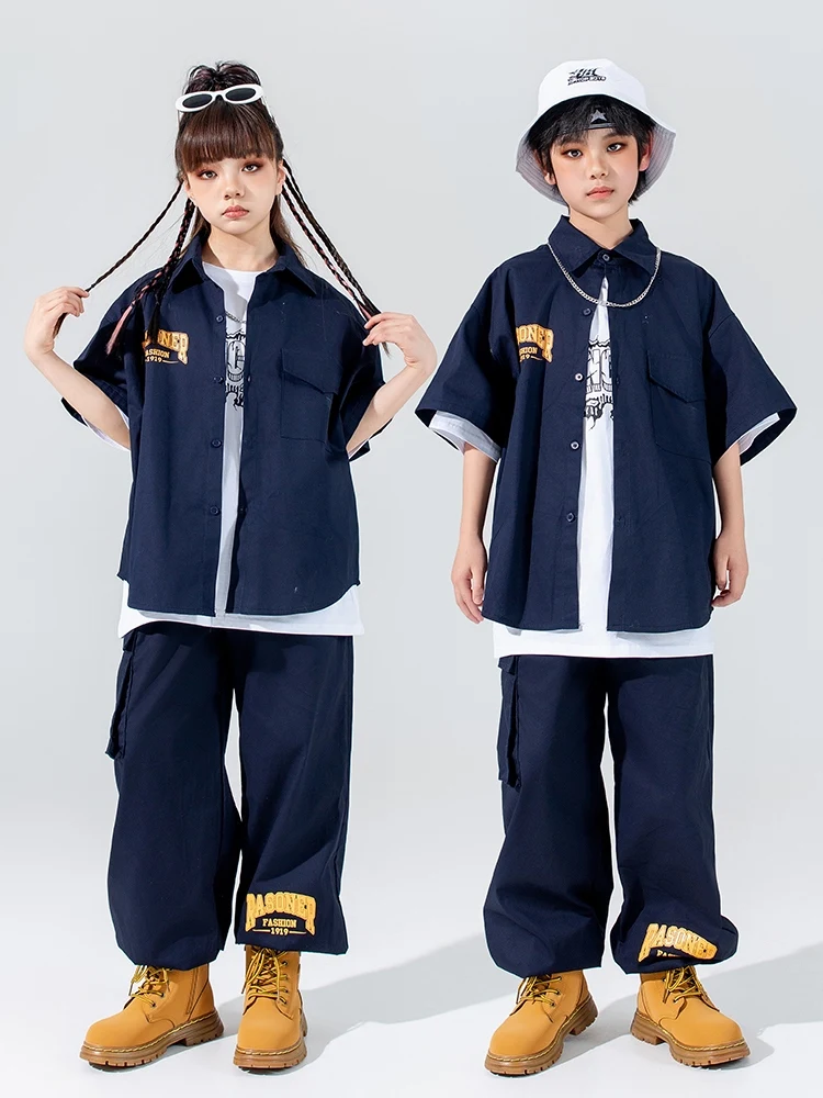 Summer Street Dance Clothing Boys Hip Hop Clothes Short Sleeves Shirt Pants Loose Performance Suit Girls Kids Jazz Outfit L12735