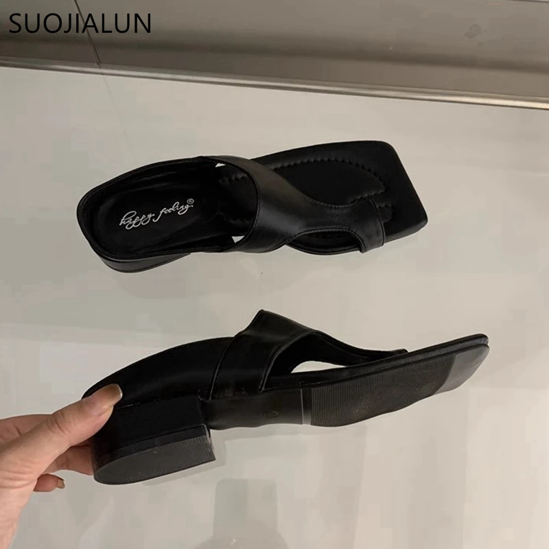 SUOJIALUN-Sandalias de tacón bajo cuadrado para mujer, chanclas elegantes doradas, informales, para verano, 2024