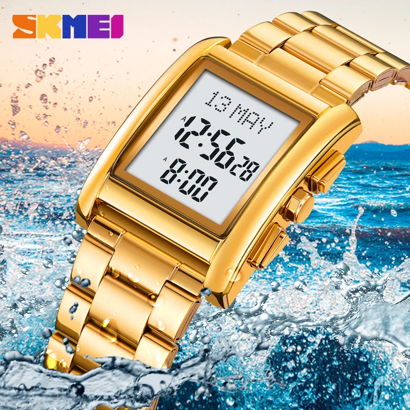 SKMEI Man Wristwatches Luxury Stainless Steel Digital Watches Muslim Philimage Time Remind Qibla Name Display Calendar Clock