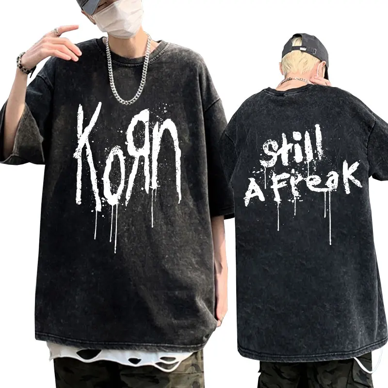 Korn Music Concert Rock Band WORLD TOUR Washed T Shirt Men Clothing Vintage Washing Metal Gothic Oversized Short Sleeve T-shirt