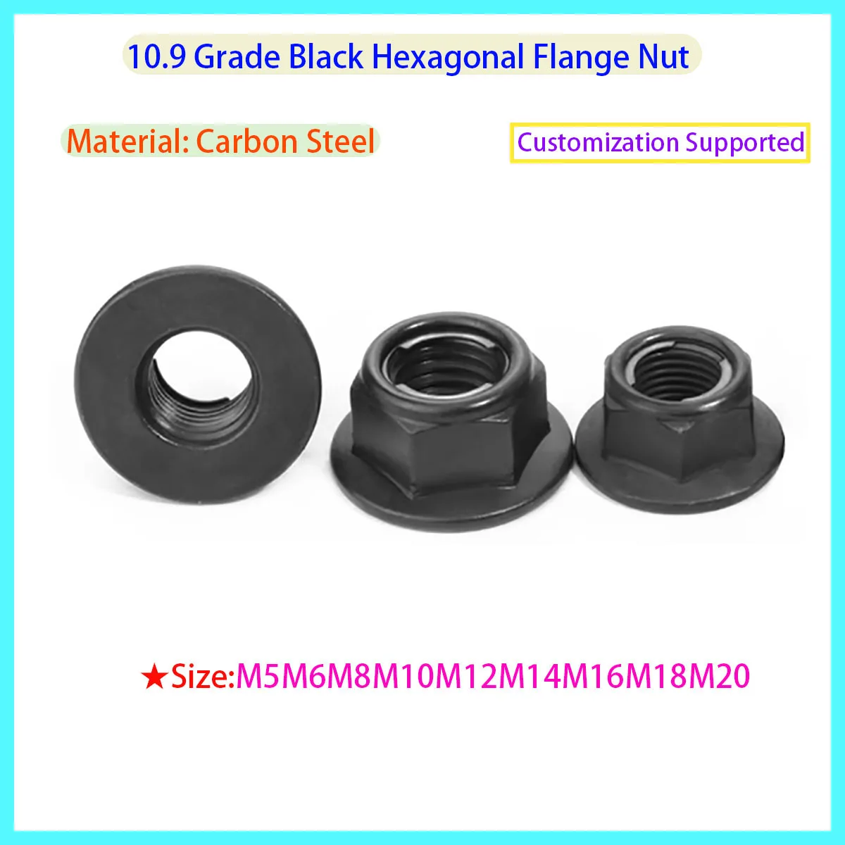 Carbon Steel Hexagonal Flange Nut Black Oxidation Treatment 10.9 Grade Self-Locking Anti-Slip Fastener M6-M16