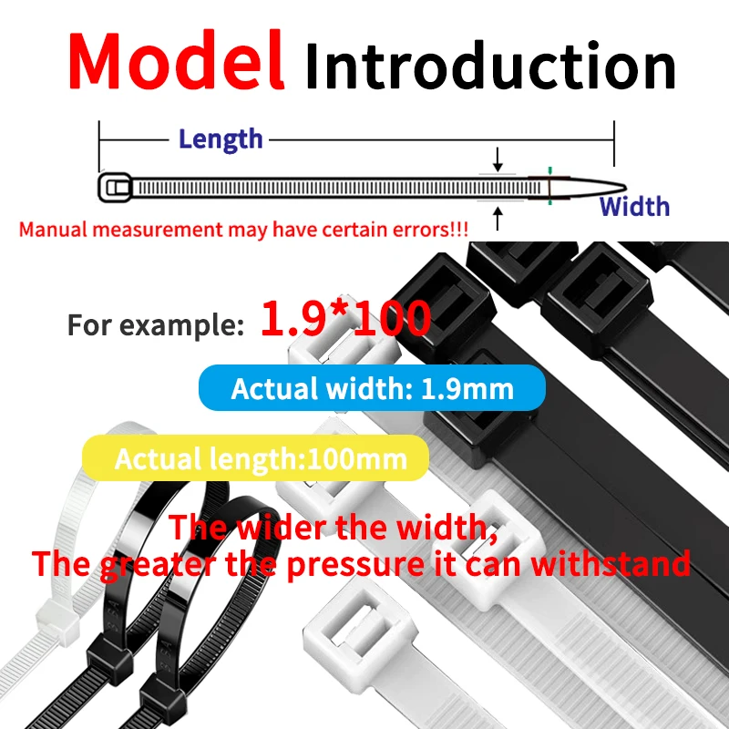 100PCS/bag Wandu Self-locking Plastic Nylon Tie White Zip Wraps Strap Nylon Cable Tie Set Fastening Ring Loop Wire Wrap