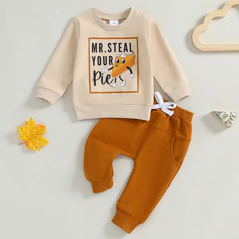 

SUNSIOM 0-3 Years Boy Autumn 2PCS Outfit Long Sleeve O Neck Letter Pie Print Tops Solid Color/Checkerboard Print Pants Sets