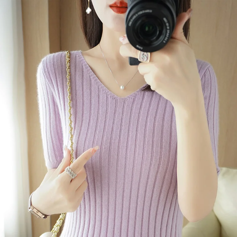 Spring and Summer Women V-Neck Cashmere Knitted Pullovers Short Sleeve  Jumper Knitwear Sweaters Solid Casual Bottom Tops