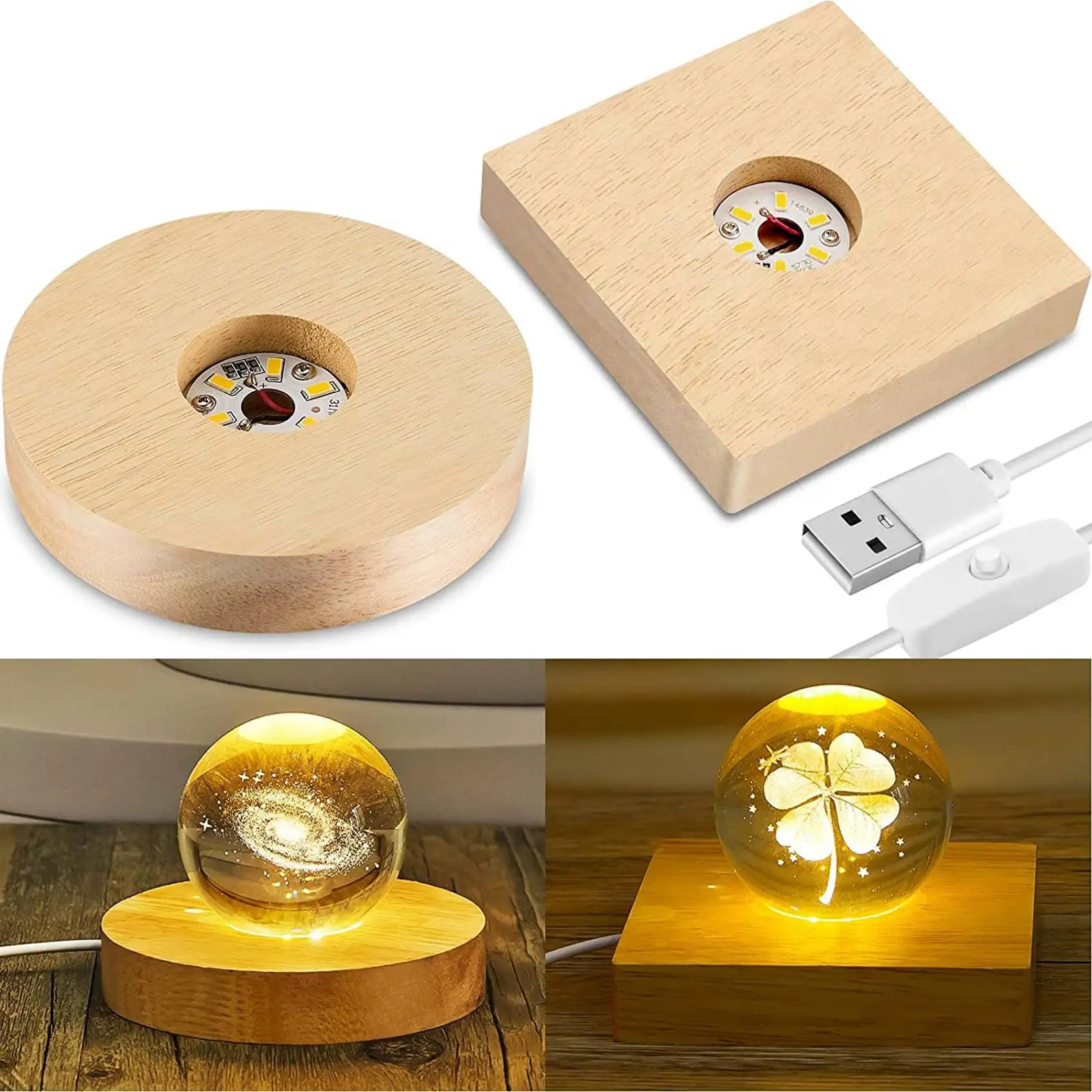 ABBN-2 piezas Base de exhibición de luz de madera Base de exhibición LED de madera Soporte de Base de luz de cristal Soporte de exhibición LED de madera