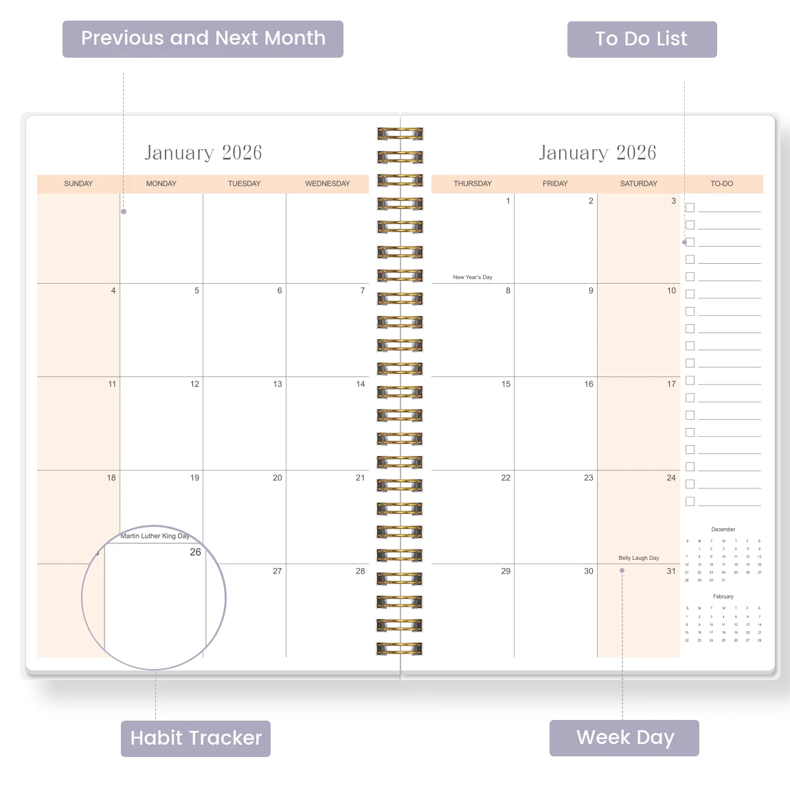 مخطط شهري A5 لعام 2026، غطاء أرجواني بسيط، جدول أعمال أكاديمي مع ملاحظات وقائمة للقيام، مثالي للإنتاجية وإدارة الوقت