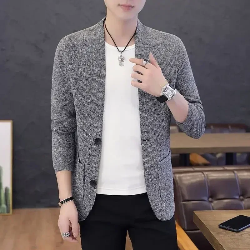 Knit Sweater Male Men\'s Clothing Cardigan Black Slim Fit Plain Solid Color Spring Autumn Best Selling Products 2024 Casual Cheap