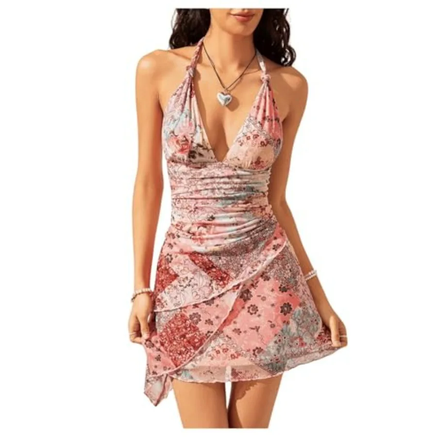 

BEAUDRM Women's Summer Mini Dress Backless Vacation Beach Sundresses Boho Going Out Dress Date Night Brunch Outfit