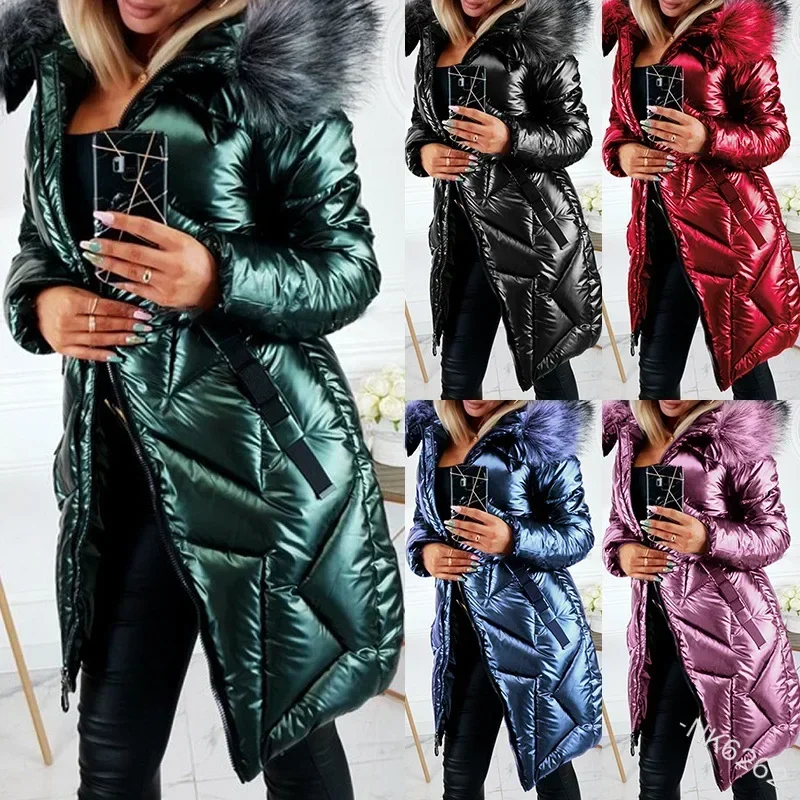 Women Faux Fur Hooded Jacket Fur Collar Cotton Down Puffer Parka Winter Long Coat Warm Thick Overcoat Outwear