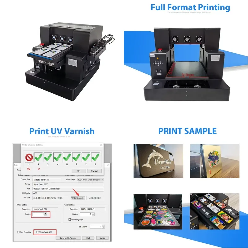 for Full Format 20x30cm A4 Size UV Flatbed Printer CMYKWV Varnish Printing for Phone Case Glass Acrylic Metal Plastic with
