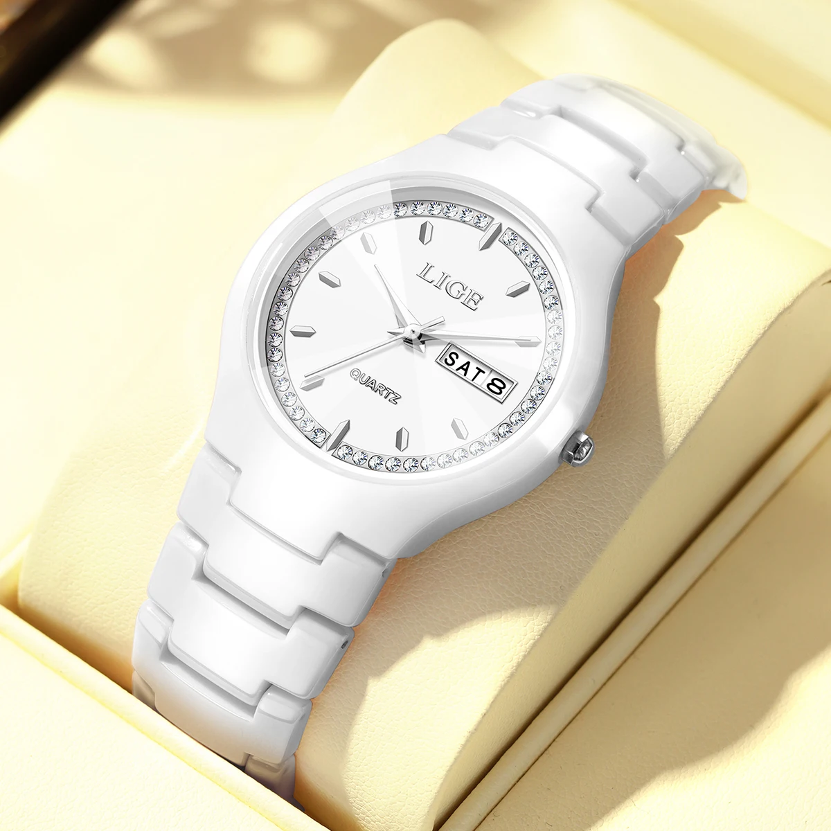 LIGE Fashion Luxury Woman Watch Elegant Top Brand Ceramics Diamond Waterproof  Week Calendar Ladies Quartz Watches for Women+Box
