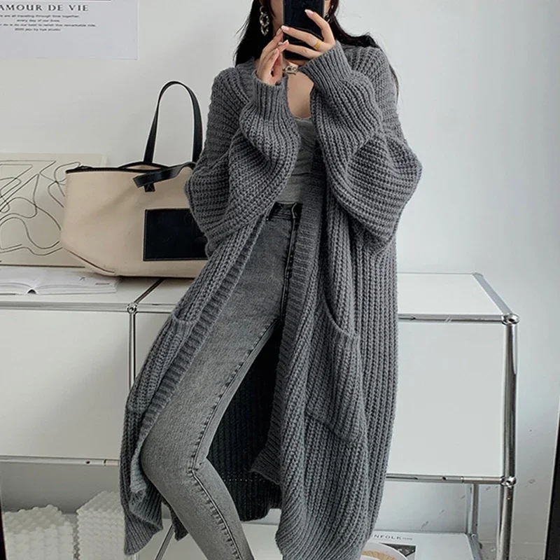 

Oversized Long Knitted Cardigan Women Autumn V-neck Harajuku Dark Gray Woolen Cardigan Female Chic Sweater Coat Winter