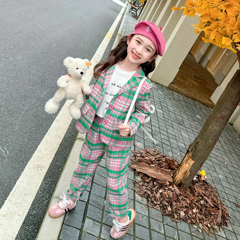 

2024 Autumn Childrens Set New Girls Casual Fashion Plaid Suit 2pcs Set Small Medium Children Baby High Street Fashion Trend 2-8T