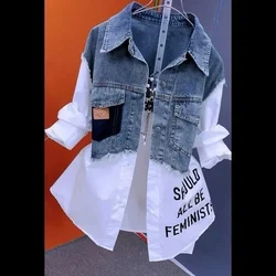 Long Short fake two-piece Fashion Striped Denim Jacket 2024Women's Spring/Summer Stitching Women Jackets Temperament Coat jacket