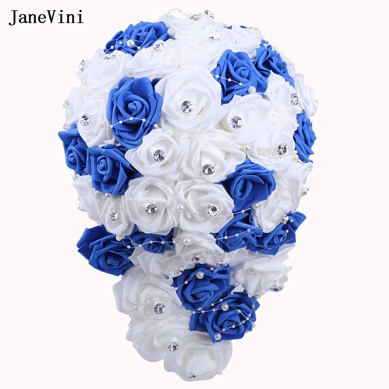 JaneVini cascada azul real ramo de novia perlas artificiales PE espuma rosas flores blancas accesorios de ramos de boda