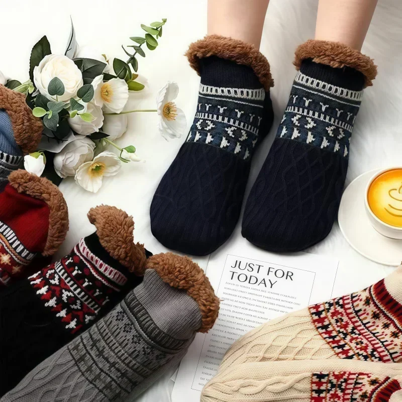

Warm Slipper Socks Women Winter Floor Socks Super Soft Lined with Grippers Socks Non-slip Knitted Adult Plus Fleece Carpet Sox