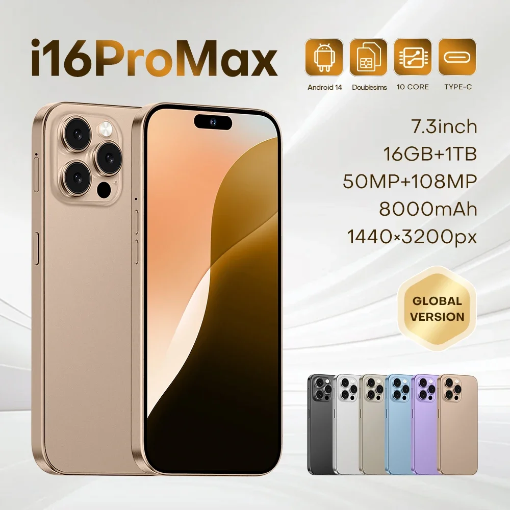 2025 For 16 Pro Max Smartphones 5G WiFi Dual SIM Mobile Phones 7.3-inch HD 16GB+1T 8000mAh Celulares Global Cell Phones 10 Core