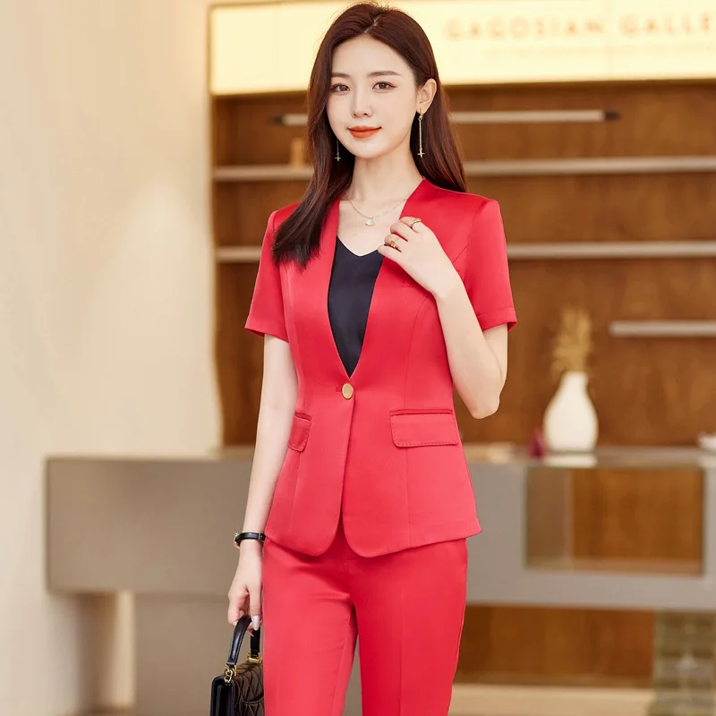 Summer Short Sleeve Formal Women Business Pantsuits with Pants and Jackets Coat OL Work Wear Professional Blazers Trousers Set