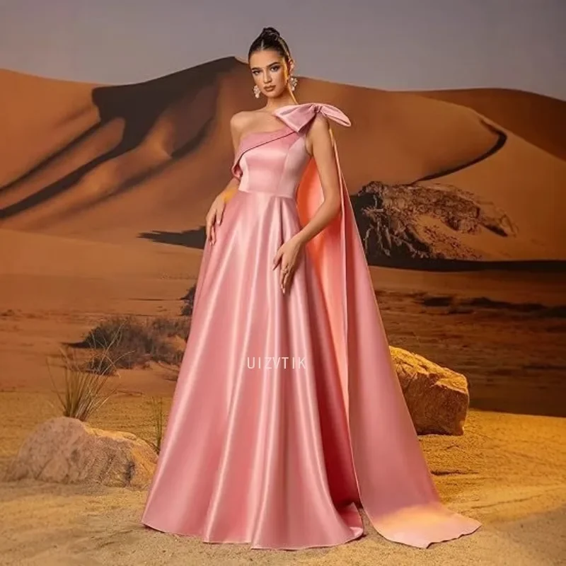 Elegant Bow Tied Ball Gowns Women One Shoulder Satin Prom Dresses Long Strapless Formal Evening A Line Corset Party Gown Robe