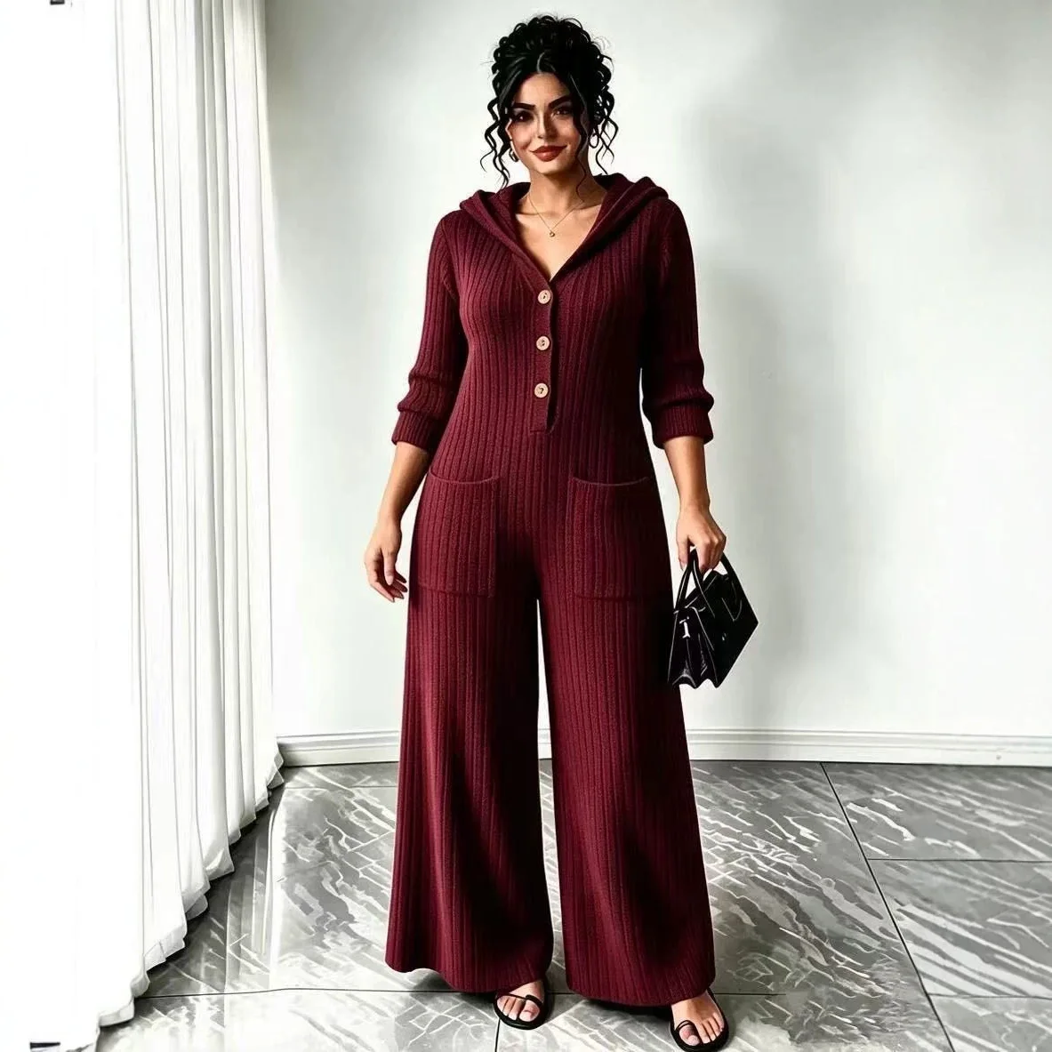 Knitted New Women's V-neck Single-breasted Pocketed Elegant Hooded. Solid Color Jumpsuit Dress Elegant Bandage Lace Elegant