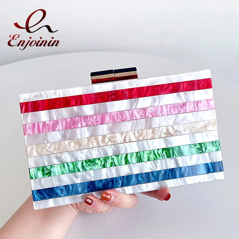 

Colorful Striped Acrylic Box Party Clutch for Women Designer Purses and Handbags Ladies Wedding Evening Bag Chain Shoulder Bag