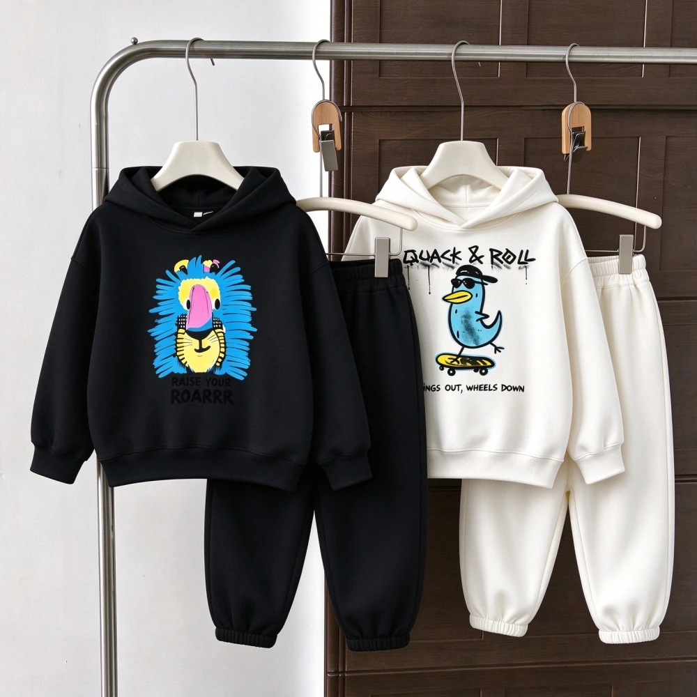 Boys And Girls Hooded Long Sleeve Sweatshirt Two Piece Set Casual Tracksuit Cartoon Print Outfit For Autumn Outdoor Play Clothes