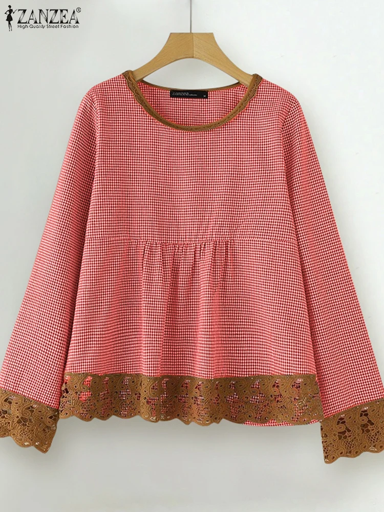 

ZANZEA Women Plaid Printed Blouses Casual Loose Long Sleeve Tops Retro O-Neck Tunics Fashion Lacing Splicing Ruffled Edge Blusas