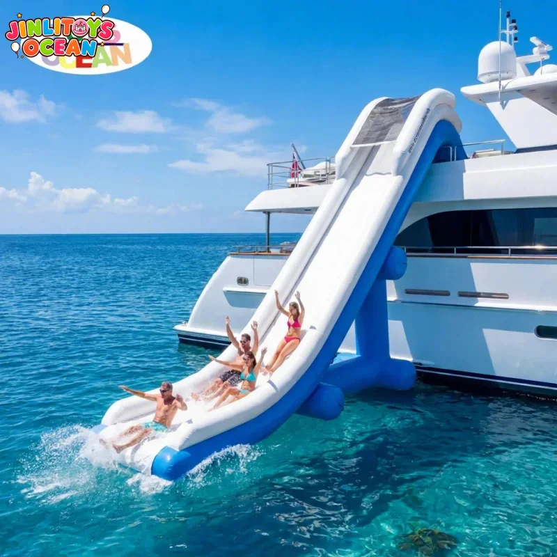 Inflatable PVC Yacht Slide Blue White Outdoor Water Slide for Boat/Yacht & Backyard Pool Max Capacity 500kg 5-10 Passengers
