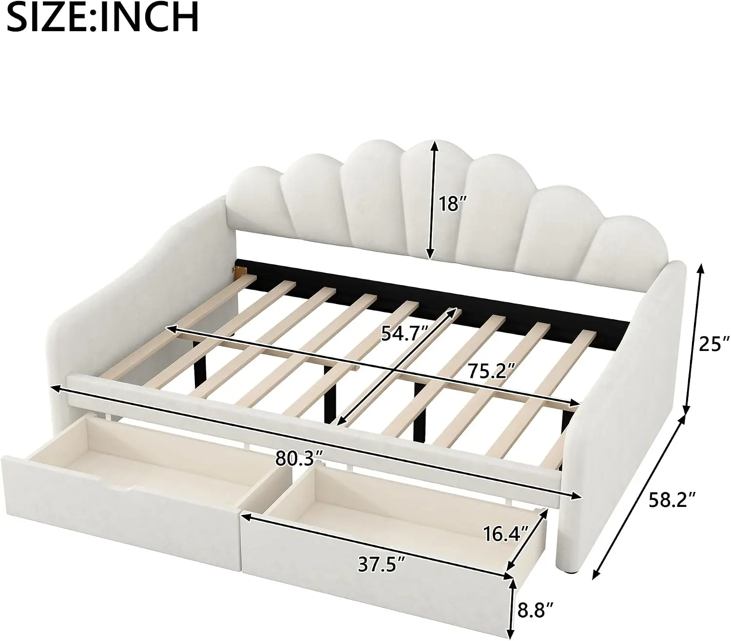 Full Size Daybed with Storage Drawers, Velvet Upholstered Corner Bed Frame with Shell Shaped Headboard for Kids Teens Girls, No