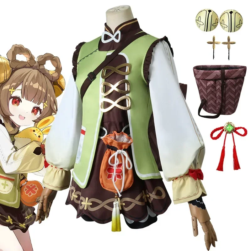 Yaoyao Cosplay Game Kostuum Genshin Impact Yaoyao Cosplay Jurk Pruik Back Basket Lolita Uniform Halloween Kostuums Voor Vrouwen Kinderen