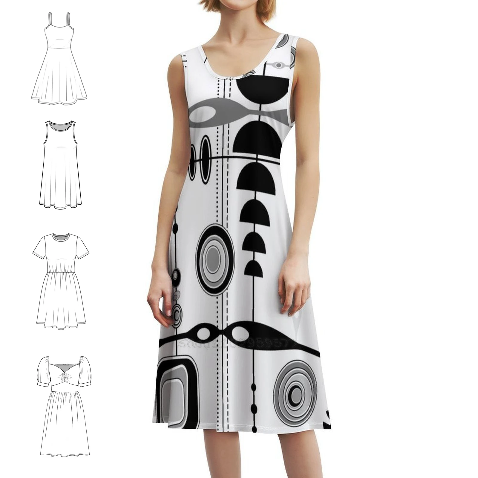 منتصف القرن الحديثة طباعة أسود أبيض رمادي المرأة الشارع الشهير فستان الحفلات العصرية طباعة نادي الملابس للإناث خمر مستوحاة #1