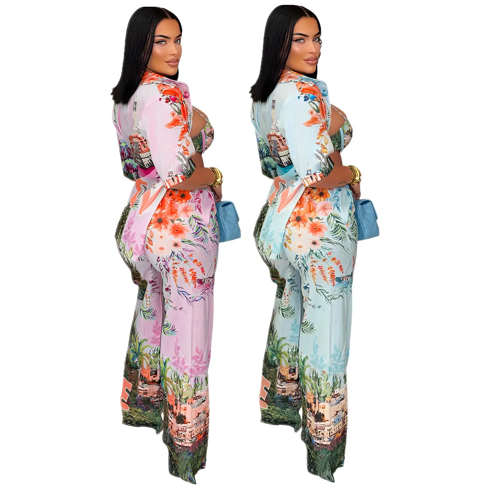 Conjunto de calças irt com estampa floral feminina verão quatro peças calças compridas country sle adulto faion conjunto