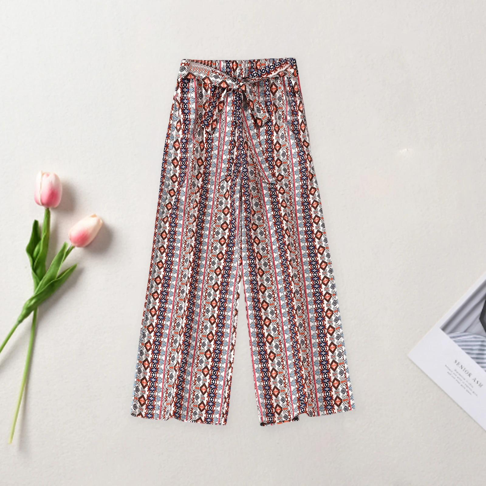 Pantalones con estampado bohemio para mujer, pantalones de pierna ancha indie folk, versátiles, informales, holgados, a la moda