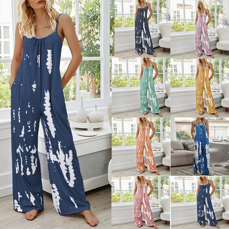 

New cross-border European and American women's suspender high waist wide leg loose home printed jumpsuit for women