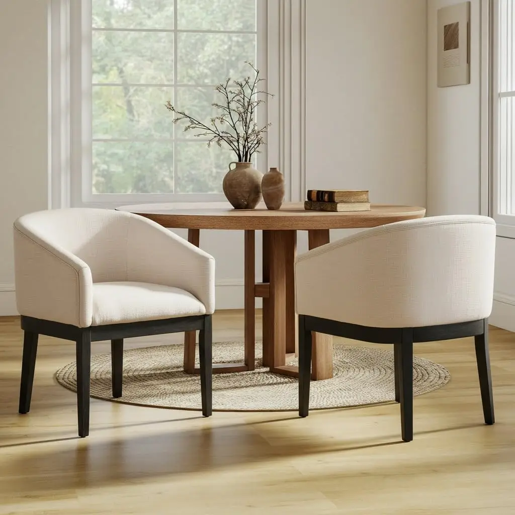 

Beige Dining Chairs Set of 2 Mid-Century Dining Chairs Linen Upholstered Kitchen Dining Room Chairs Curved Backrest