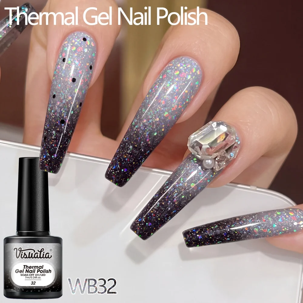 Visuatia Silver-Black Glitter Temperature-Changing Nail Gel, with alternating cold and warm temperatures creating a gradient base color, and colorful glitter particles giving the nail surface a dazzling shine. The gel