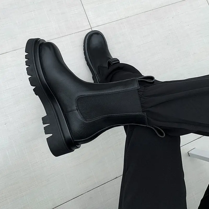 Autumn Boots For Women Platform Chelsea Boot Spring Cowhide Booties Fashion Female Thick Bottom Black Bootie998