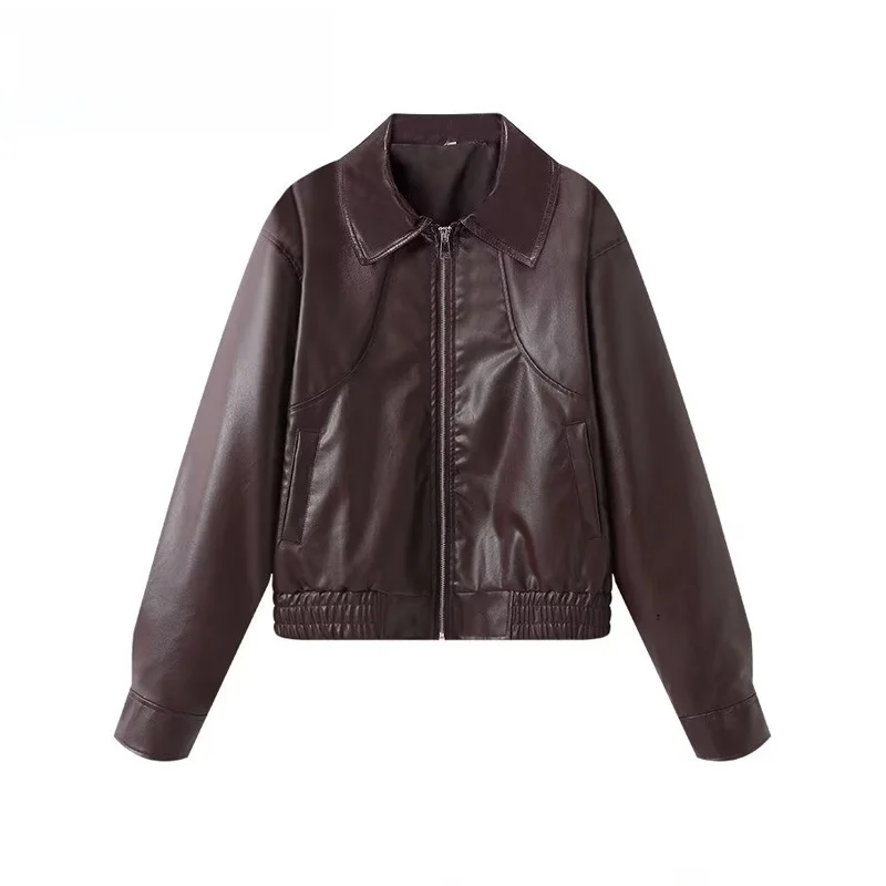 Fashionable Casual Loose Fit ZR Wind Women's Leather Jacket Coat Stand Collar Short Outerwear Polyester Fiber Long Sleeve Zipper