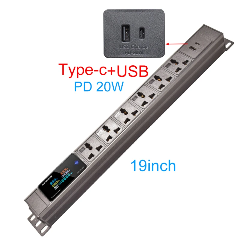 

19inch PDU Power Strip Digital Ampermeter Voltmeter Ammeter Power Energy 6Ways Universal Socket USB+Type-C C14 interface